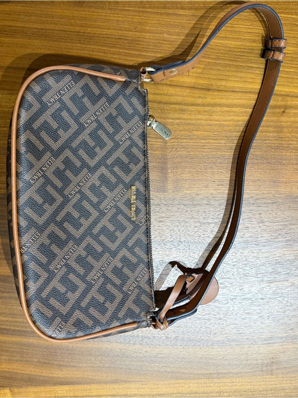 Ellen Tracy Brown Monogram Bag with Tan Trim